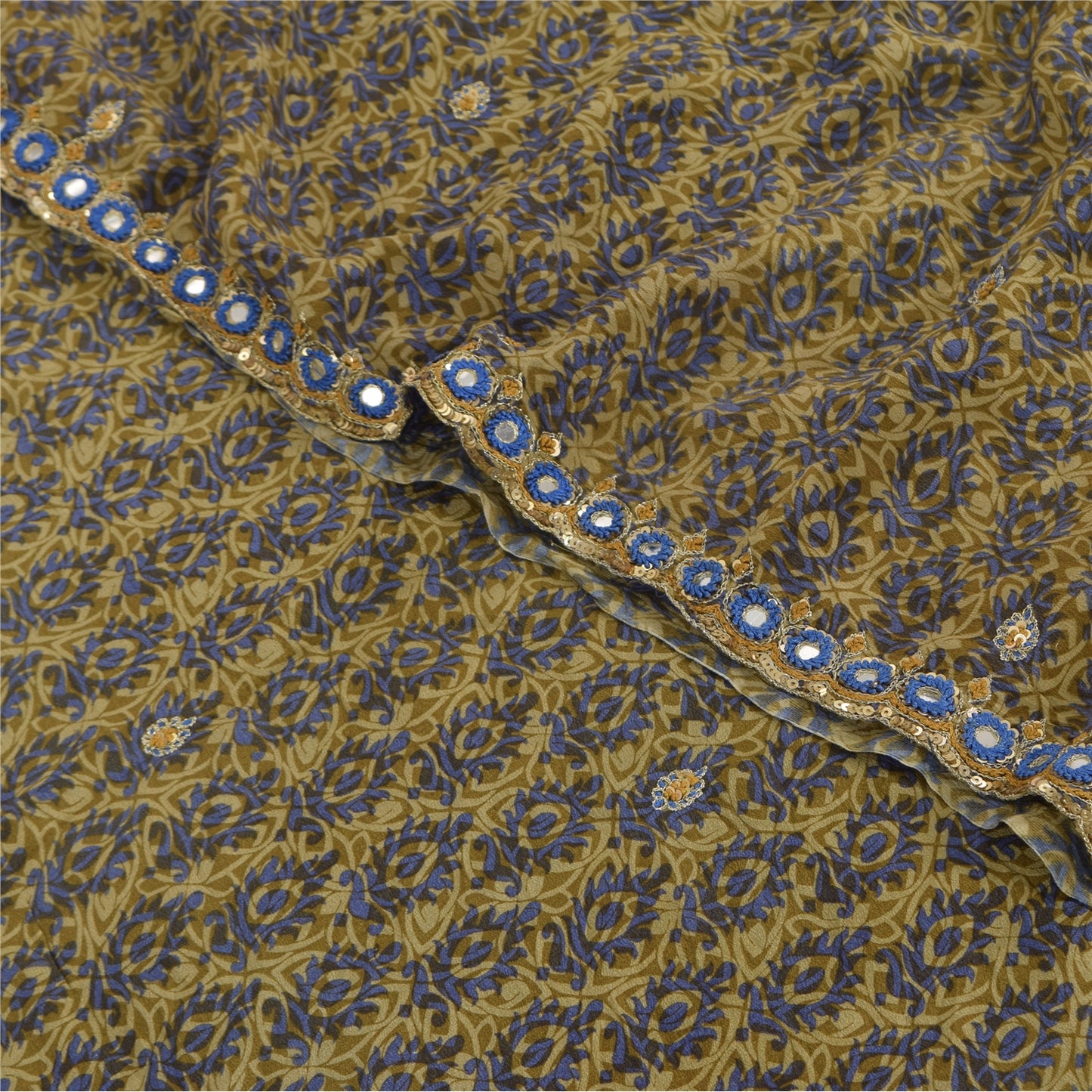 Sanskriti Vintage Sarees Green Hand Beaded Pure Crepe Silk Print Sari 5yd Fabric