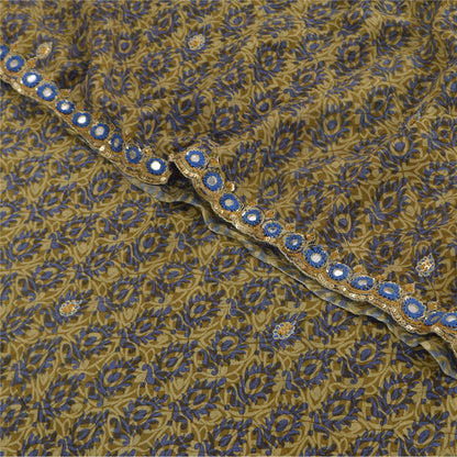 Sanskriti Vintage Sarees Green Hand Beaded Pure Crepe Silk Print Sari 5yd Fabric