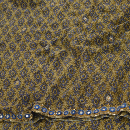 Sanskriti Vintage Sarees Green Hand Beaded Pure Crepe Silk Print Sari 5yd Fabric