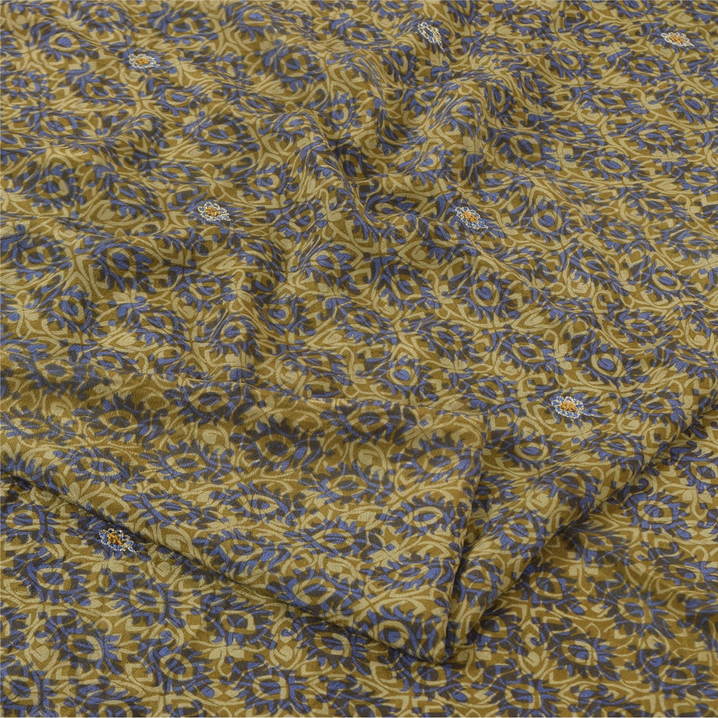 Sanskriti Vintage Sarees Green Hand Beaded Pure Crepe Silk Print Sari 5yd Fabric