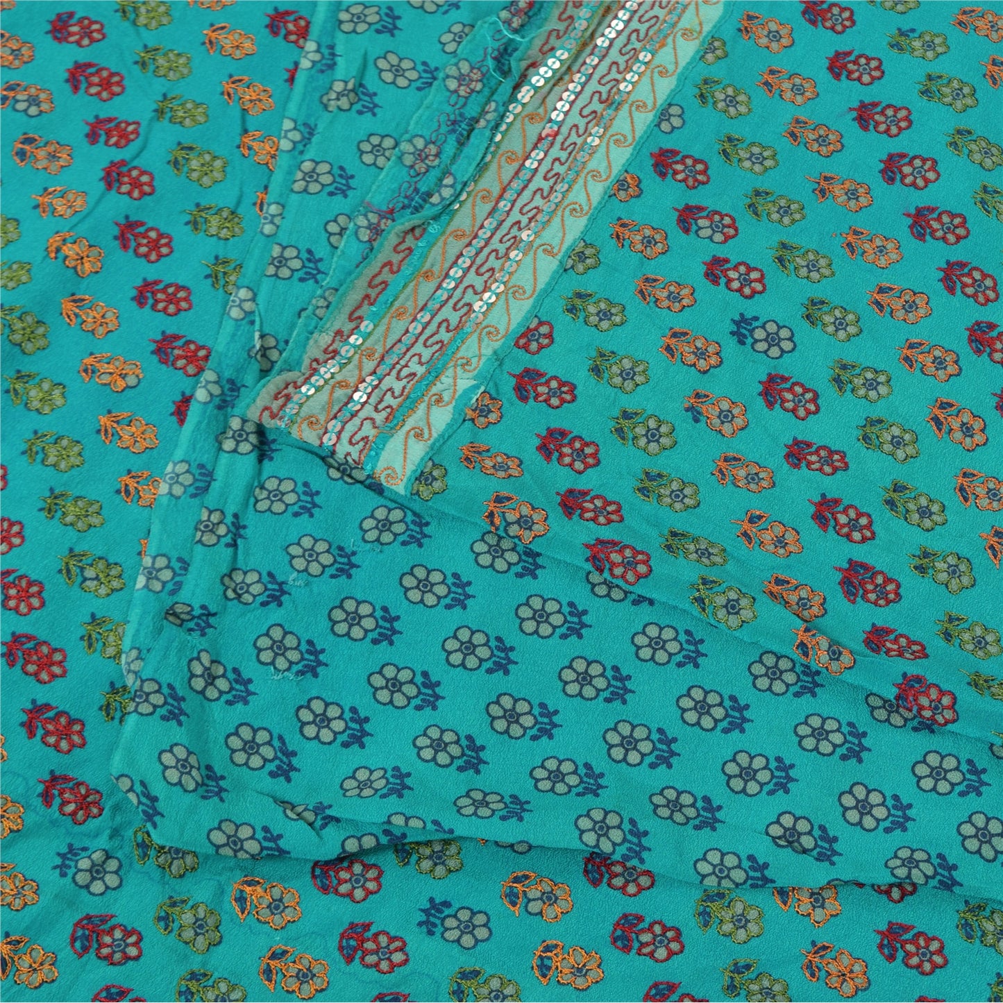 Sanskriti Vintage Sarees Green Pure Crepe Silk Embroidered Printed Sari Sustainable Fabric