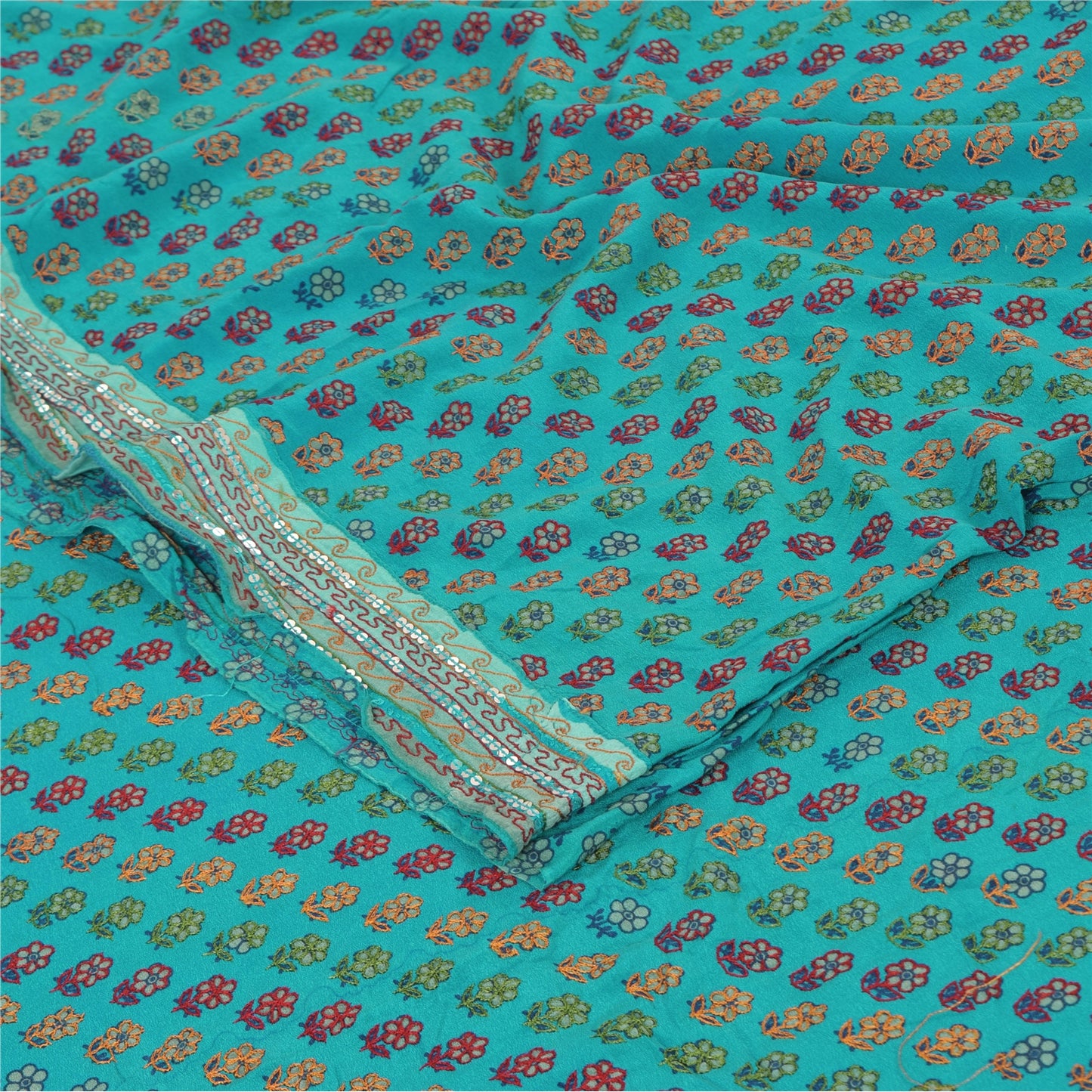 Sanskriti Vintage Sarees Green Pure Crepe Silk Embroidered Printed Sari Sustainable Fabric