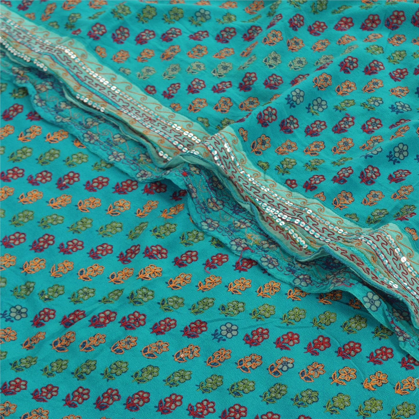 Sanskriti Vintage Sarees Green Pure Crepe Silk Embroidered Printed Sari Sustainable Fabric