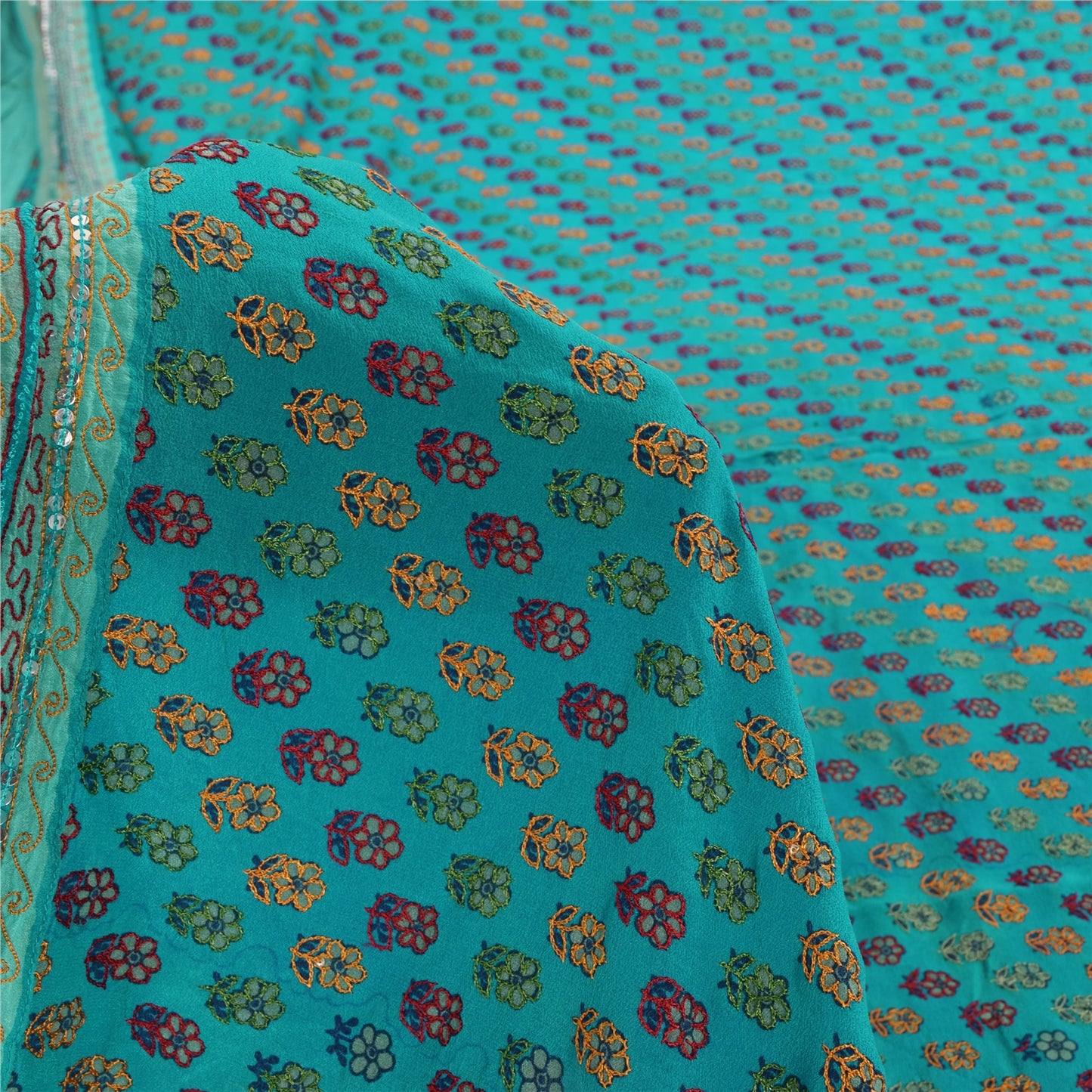 Sanskriti Vintage Sarees Green Pure Crepe Silk Embroidered Printed Sari Sustainable Fabric