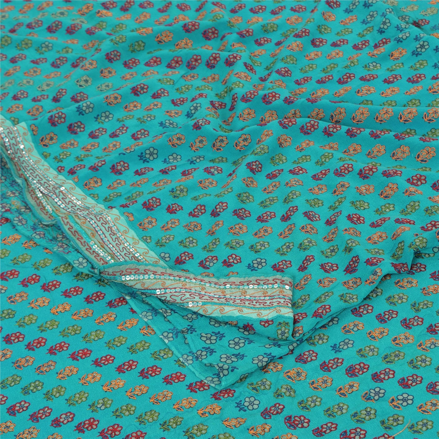 Sanskriti Vintage Sarees Green Pure Crepe Silk Embroidered Printed Sari Sustainable Fabric
