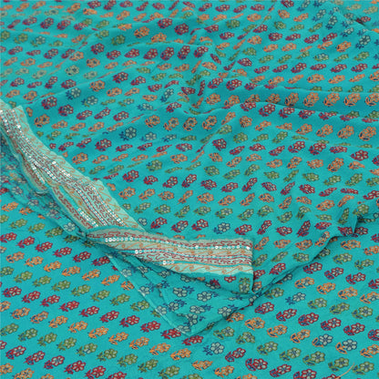 Sanskriti Vintage Sarees Green Pure Crepe Silk Embroidered Printed Sari Sustainable Fabric