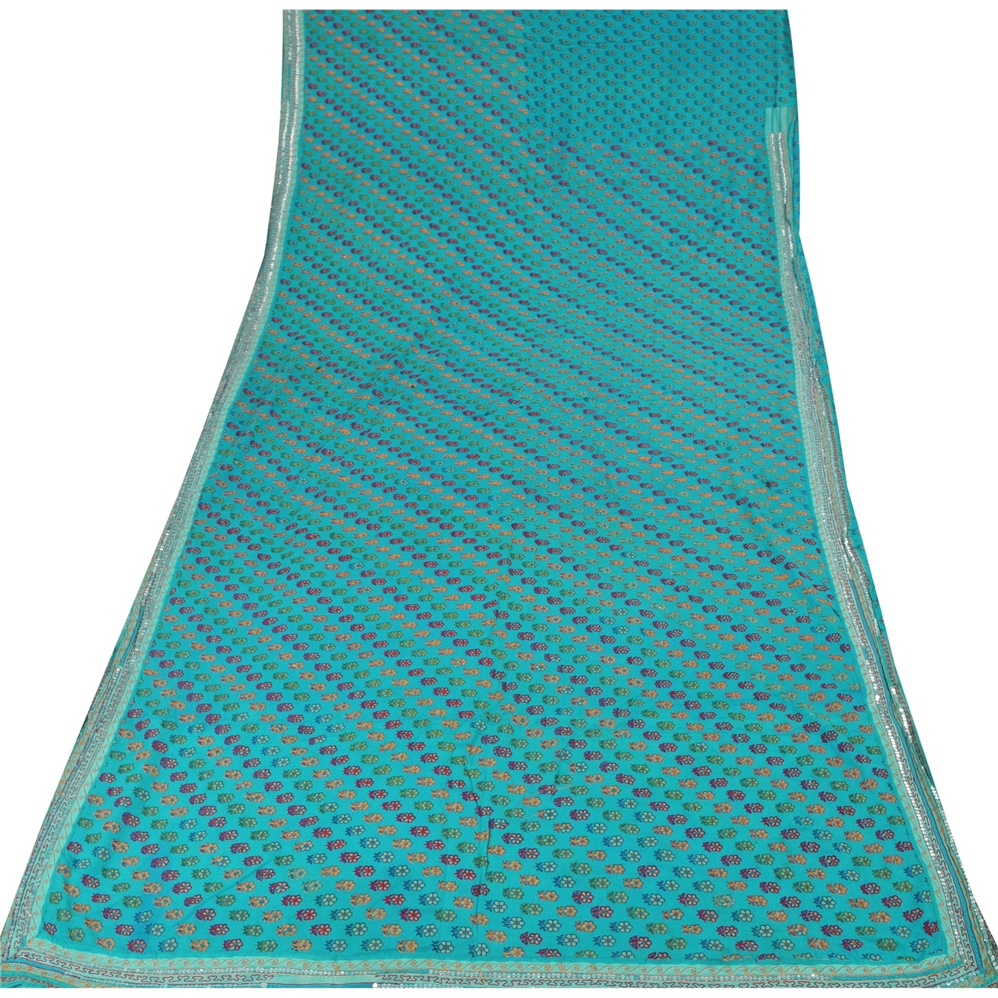 Sanskriti Vintage Sarees Green Pure Crepe Silk Embroidered Printed Sari Sustainable Fabric