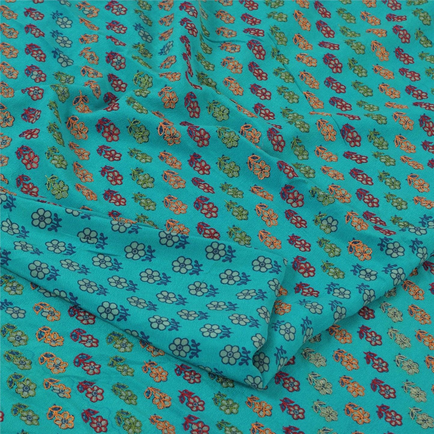 Sanskriti Vintage Sarees Green Pure Crepe Silk Embroidered Printed Sari Sustainable Fabric