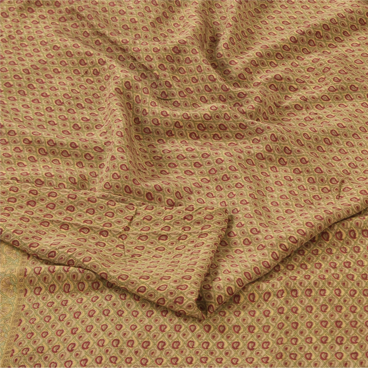 Sanskriti Vintage Sarees Green/Red Pure Crepe Silk Printed Sari 6yd Craft Sustainable Fabric