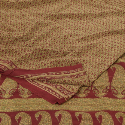 Sanskriti Vintage Sarees Green/Red Pure Crepe Silk Printed Sari 6yd Craft Sustainable Fabric