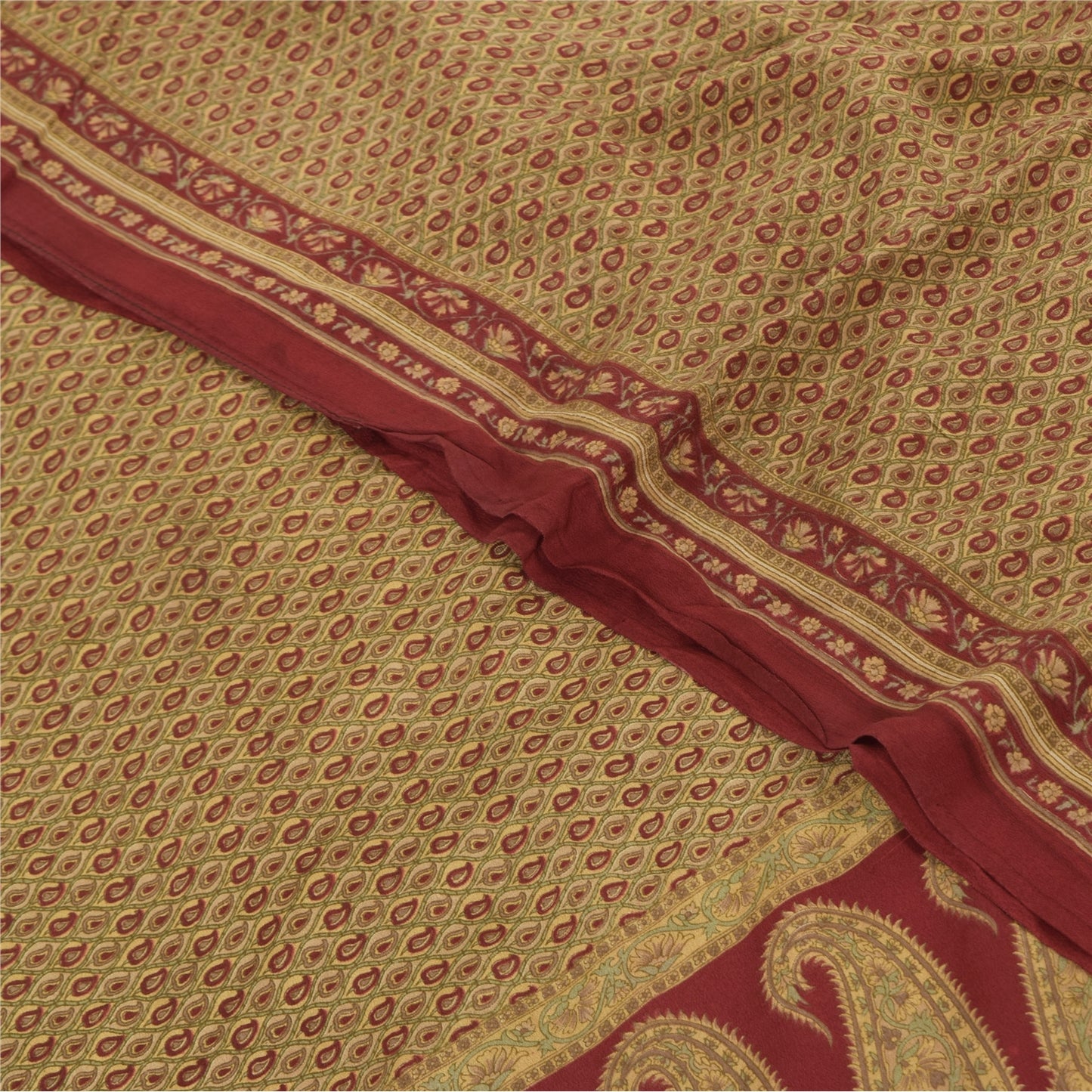 Sanskriti Vintage Sarees Green/Red Pure Crepe Silk Printed Sari 6yd Craft Sustainable Fabric