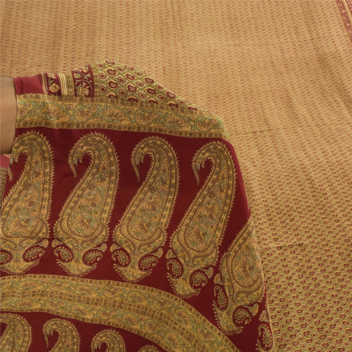 Sanskriti Vintage Sarees Green/Red Pure Crepe Silk Printed Sari 6yd Craft Sustainable Fabric