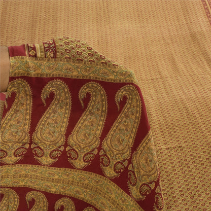 Sanskriti Vintage Sarees Green/Red Pure Crepe Silk Printed Sari 6yd Craft Sustainable Fabric