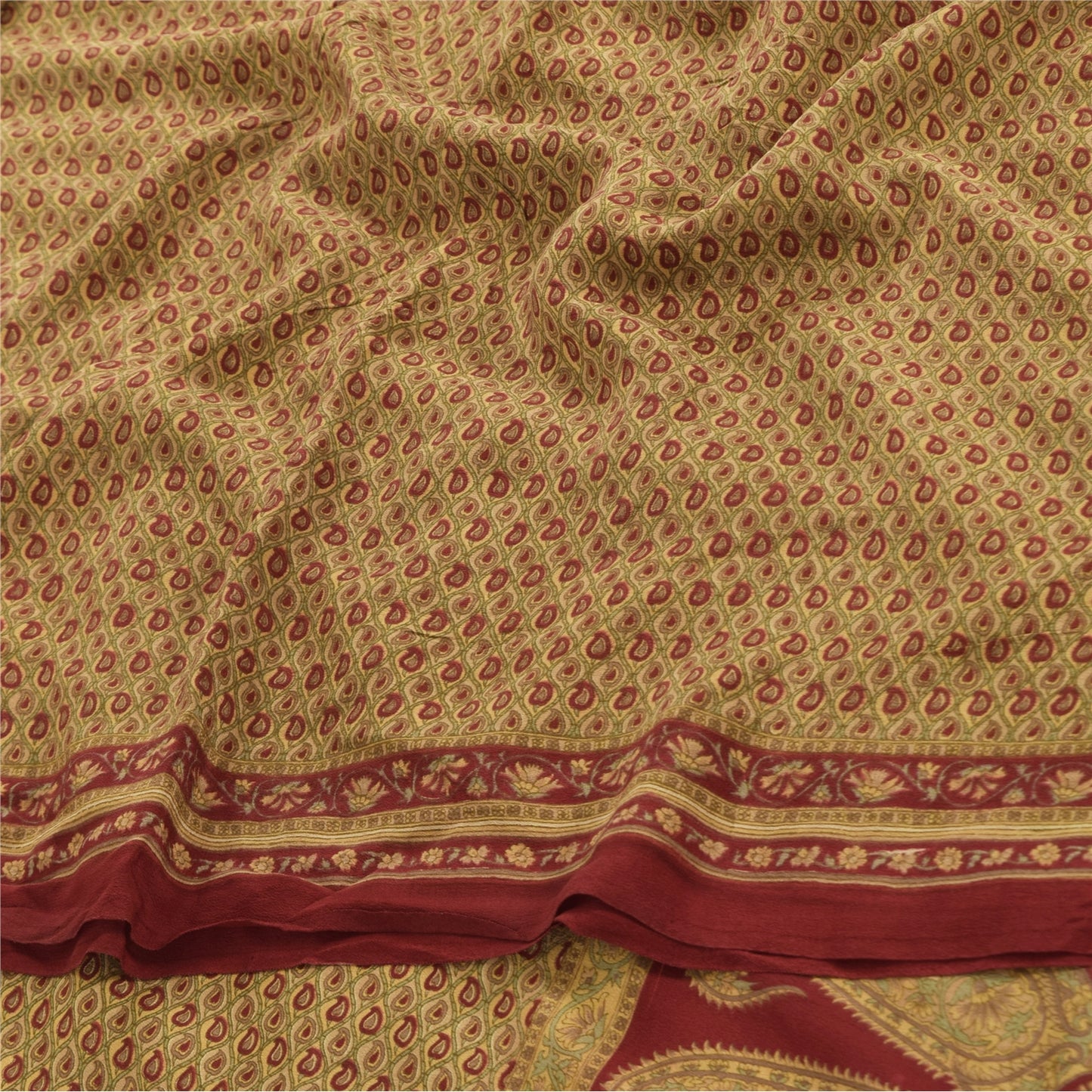 Sanskriti Vintage Sarees Green/Red Pure Crepe Silk Printed Sari 6yd Craft Sustainable Fabric