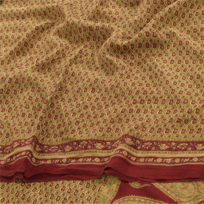 Sanskriti Vintage Sarees Green/Red Pure Crepe Silk Printed Sari 6yd Craft Sustainable Fabric