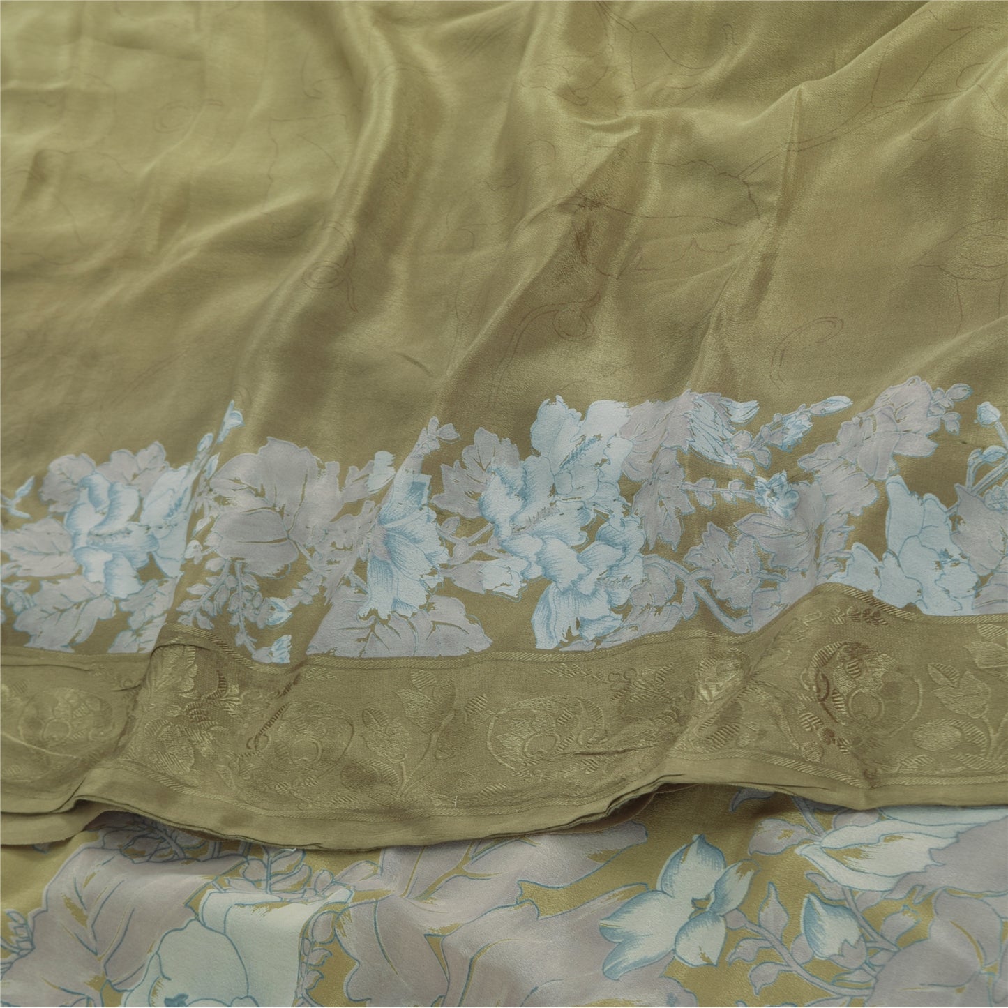 Sanskriti Vintage Sarees Green Pure Crepe Floral Printed 5+YD Eco-Friendly Sari