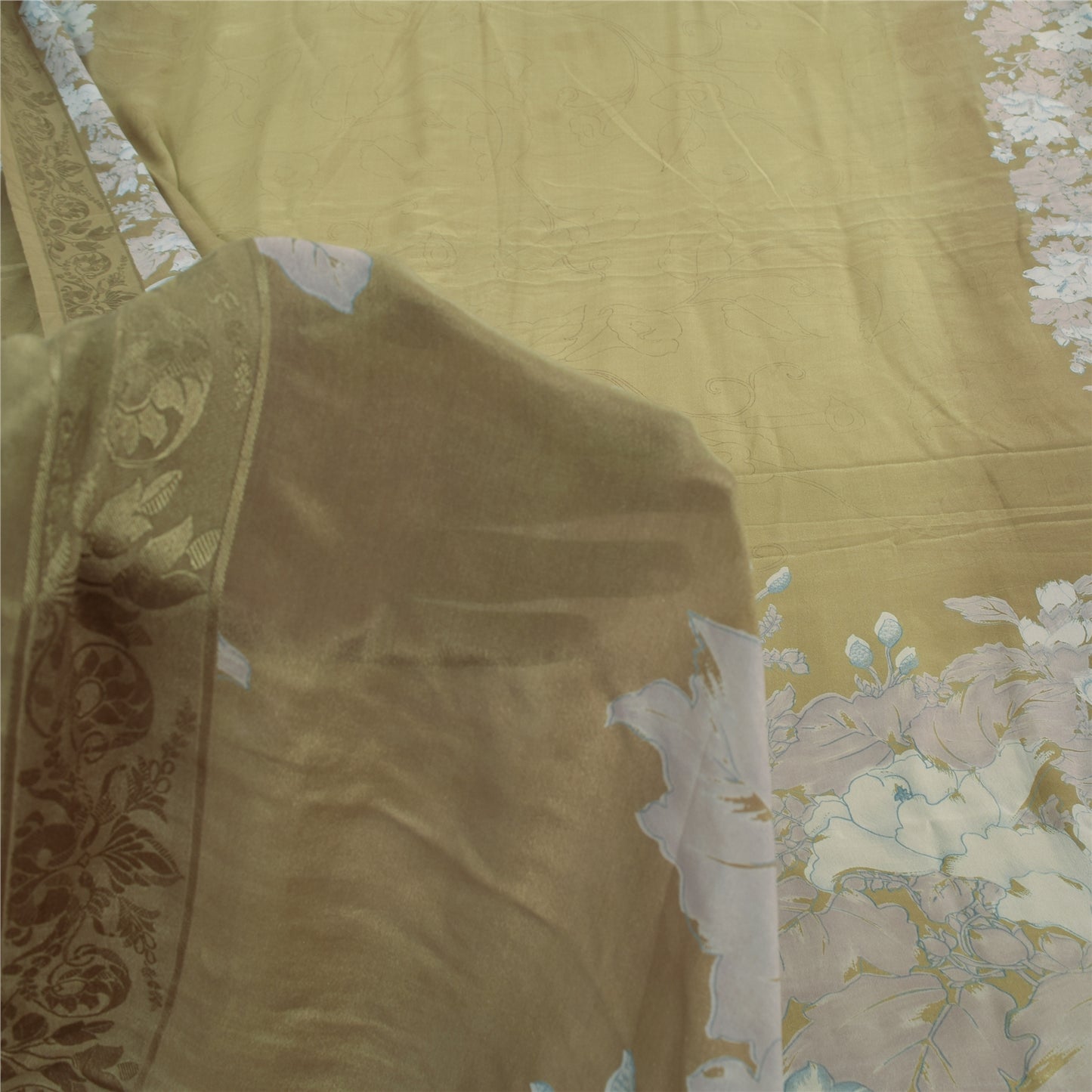 Sanskriti Vintage Sarees Green Pure Crepe Floral Printed 5+YD Eco-Friendly Sari