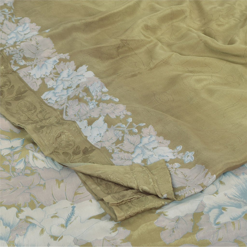 Sanskriti Vintage Sarees Green Pure Crepe Floral Printed 5+YD Eco-Friendly Sari