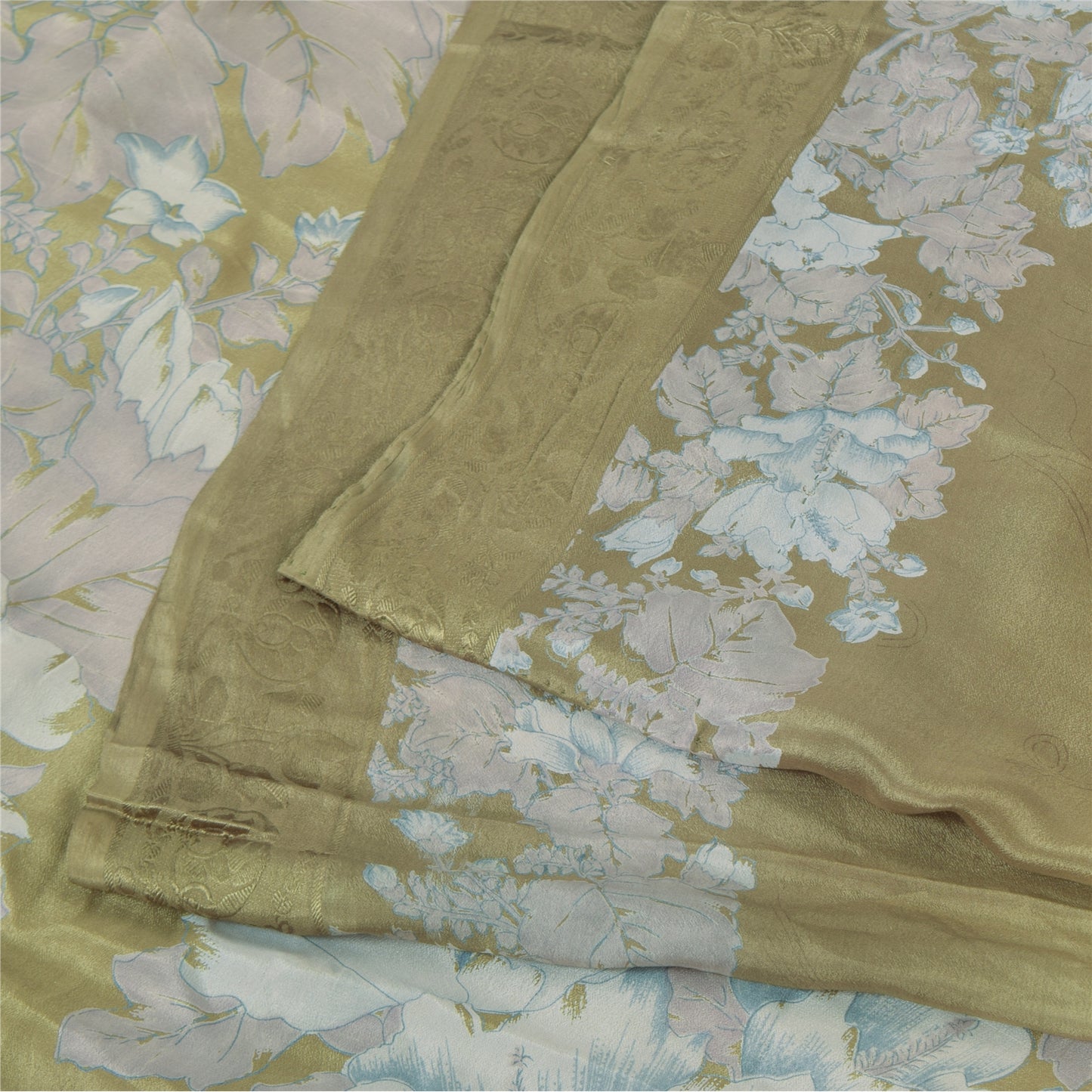 Sanskriti Vintage Sarees Green Pure Crepe Floral Printed 5+YD Eco-Friendly Sari