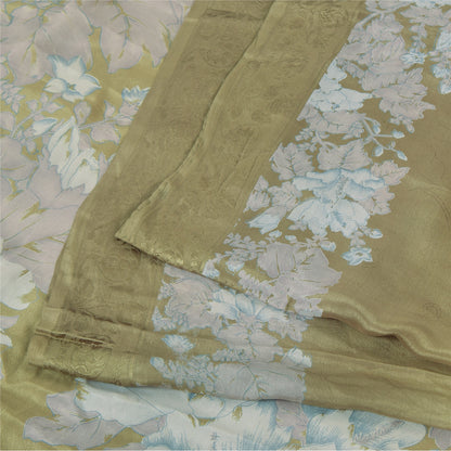 Sanskriti Vintage Sarees Green Pure Crepe Floral Printed 5+YD Eco-Friendly Sari