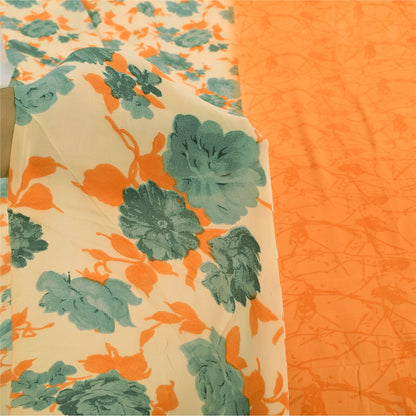 Sanskriti Vintage Sarees Orange/ivory Pure Crepe Silk Printed Sari Craft Sustainable Fabric
