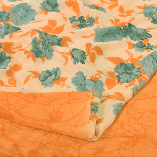 Sanskriti Vintage Sarees Orange/ivory Pure Crepe Silk Printed Sari Craft Sustainable Fabric