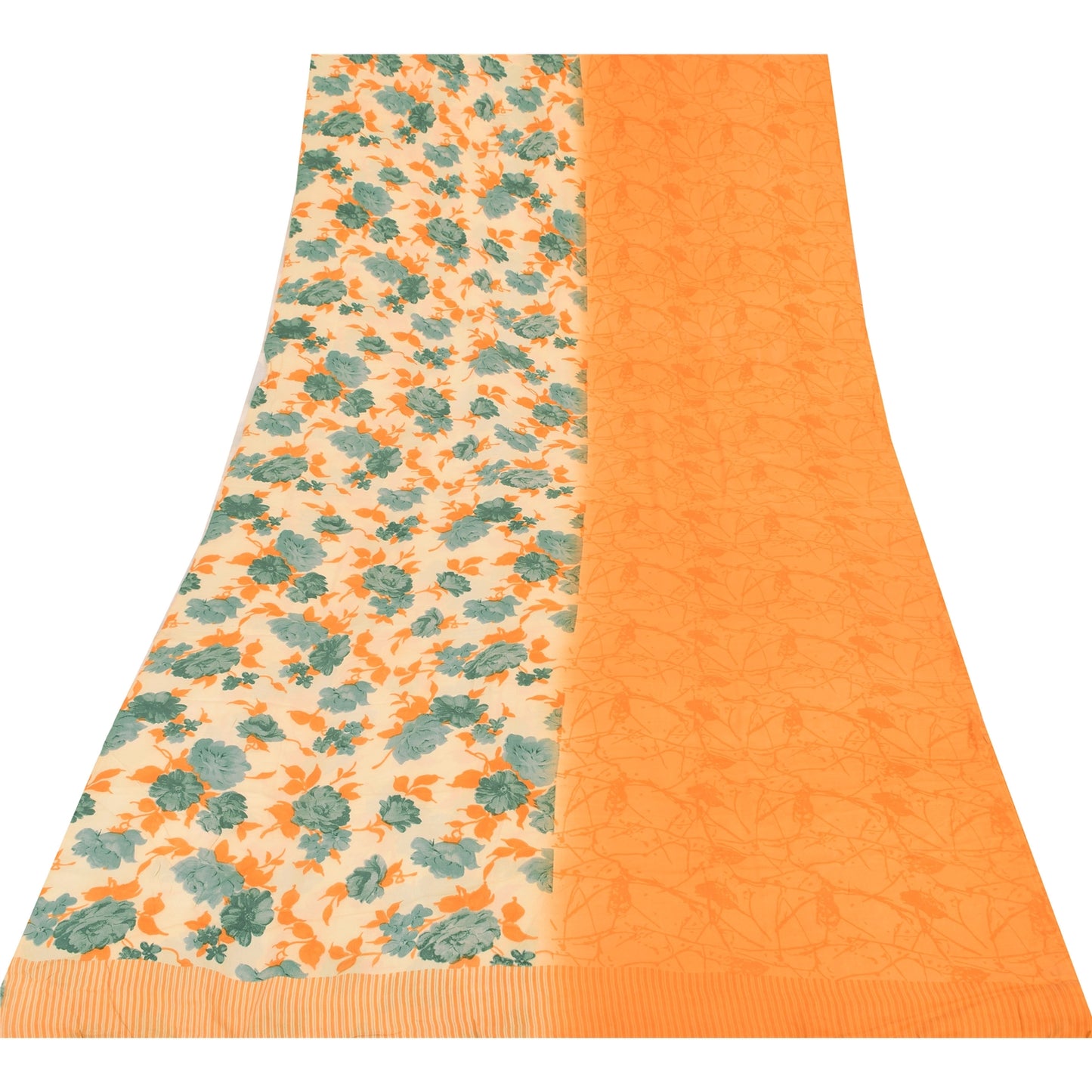 Sanskriti Vintage Sarees Orange/ivory Pure Crepe Silk Printed Sari Craft Sustainable Fabric