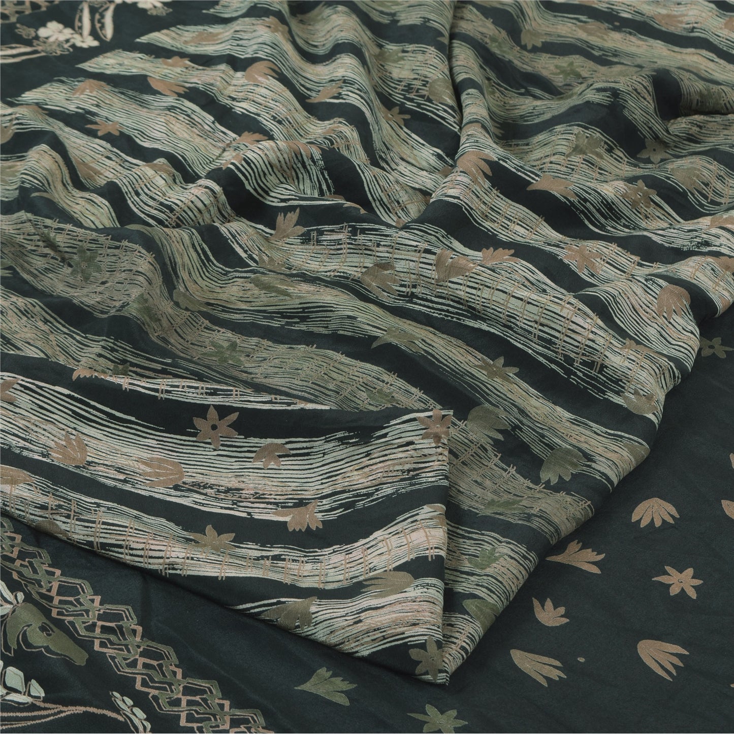 Sanskriti Vintage Sarier Mørkegrønne Ren Crepe Silke Print Sari 5yd Håndværksmæssigt Bæredygtigt Stoff
