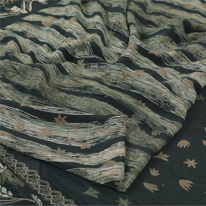 Sanskriti Vintage Sarier Mørkegrønne Ren Crepe Silke Print Sari 5yd Håndværksmæssigt Bæredygtigt Stoff