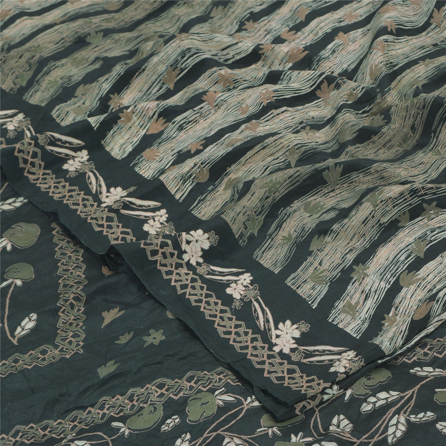 Sanskriti Vintage Sarier Mørkegrønne Ren Crepe Silke Print Sari 5yd Håndværksmæssigt Bæredygtigt Stoff