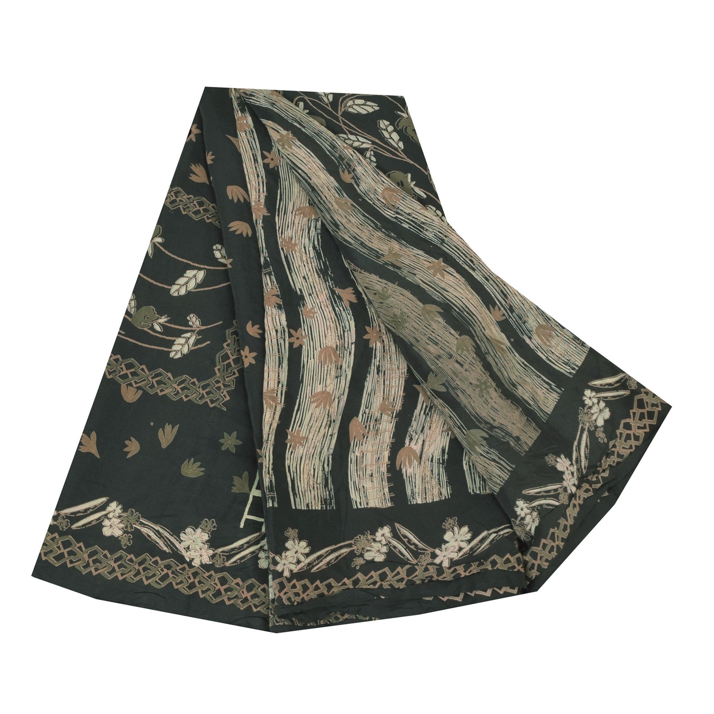 Sanskriti Vintage Sarier Mørkegrønne Ren Crepe Silke Print Sari 5yd Håndværksmæssigt Bæredygtigt Stoff