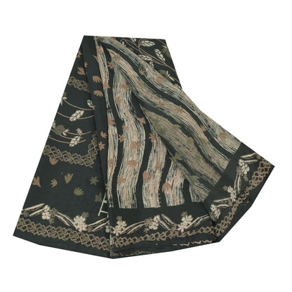 Sanskriti Vintage Sarier Mørkegrønne Ren Crepe Silke Print Sari 5yd Håndværksmæssigt Bæredygtigt Stoff