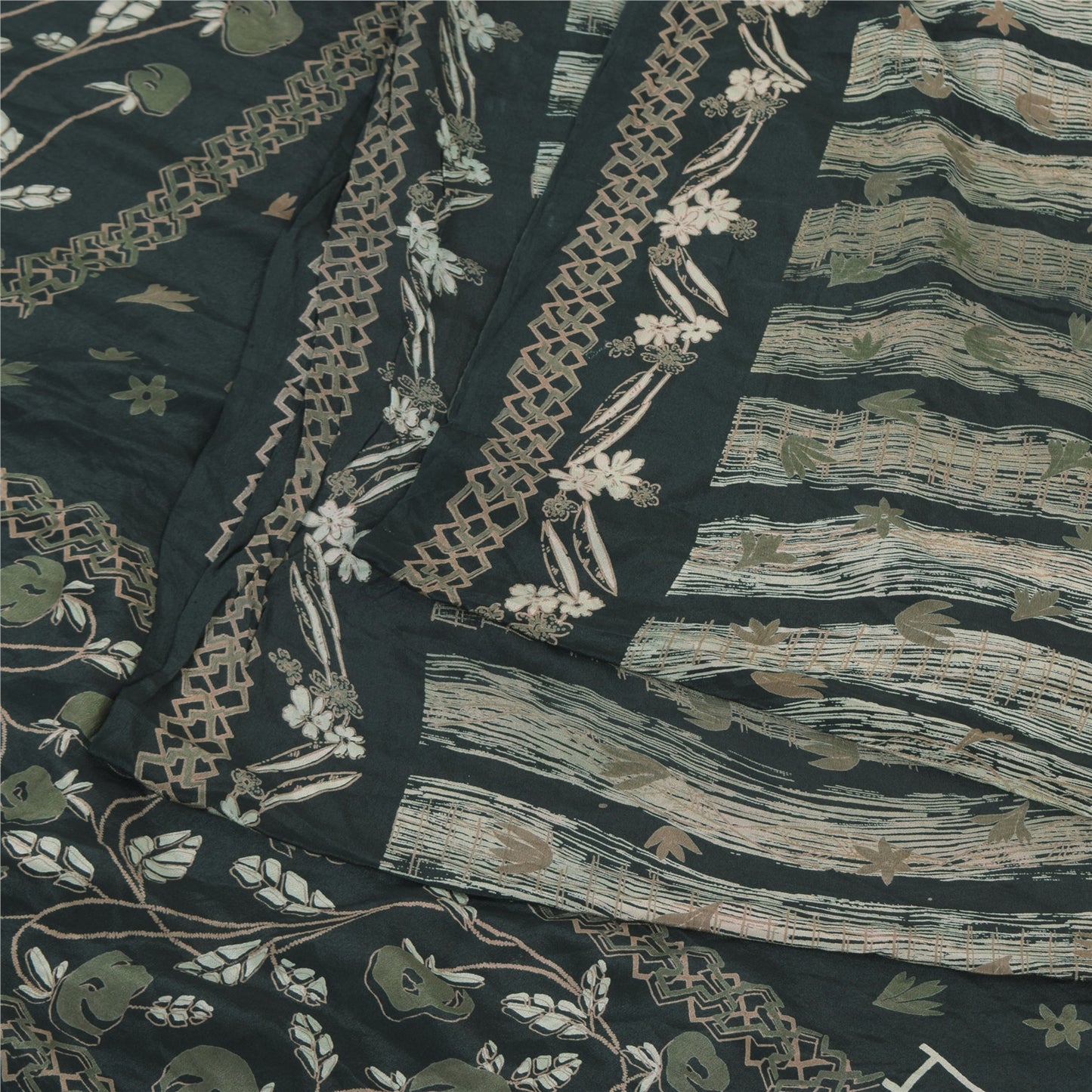 Sanskriti Vintage Sarier Mørkegrønne Ren Crepe Silke Print Sari 5yd Håndværksmæssigt Bæredygtigt Stoff