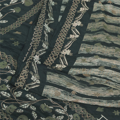 Sanskriti Vintage Sarier Mørkegrønne Ren Crepe Silke Print Sari 5yd Håndværksmæssigt Bæredygtigt Stoff