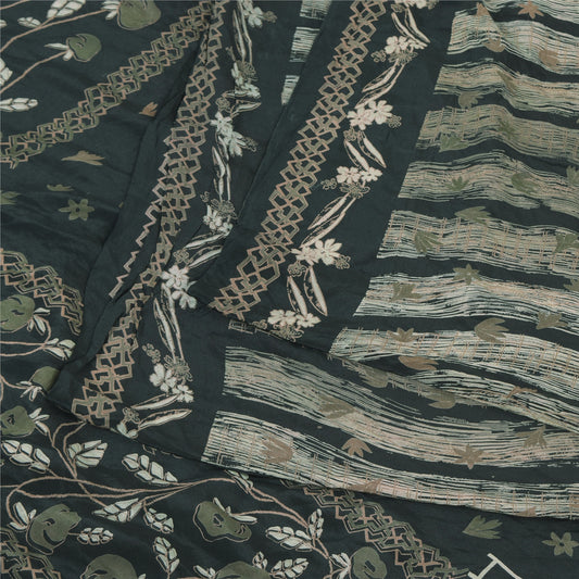 Sanskriti Vintage Sarier Mørkegrønne Ren Crepe Silke Print Sari 5yd Håndværksmæssigt Bæredygtigt Stoff