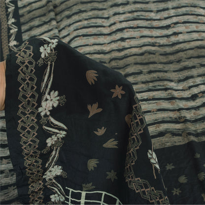 Sanskriti Vintage Sarier Mørkegrønne Ren Crepe Silke Print Sari 5yd Håndværksmæssigt Bæredygtigt Stoff