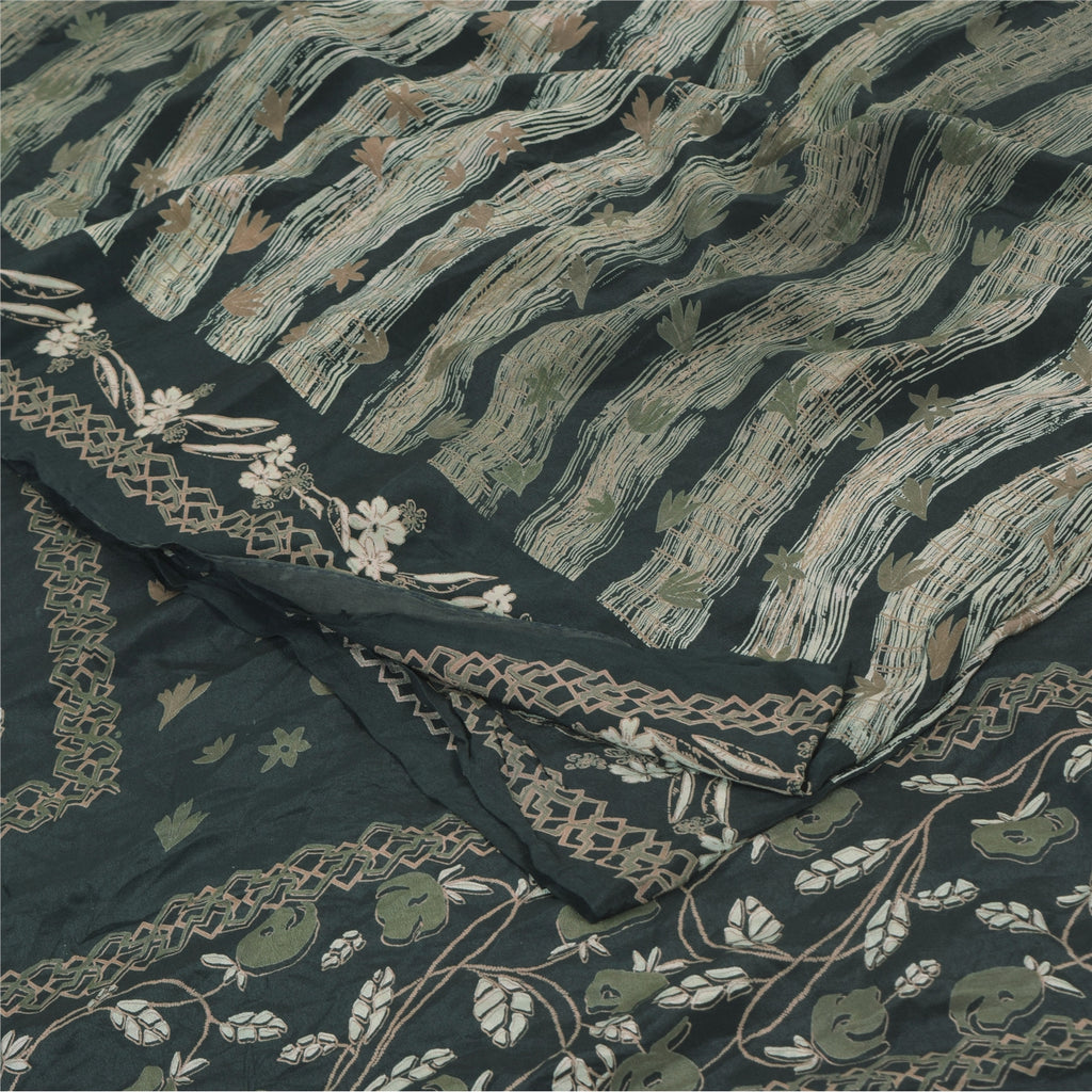 Sanskriti Vintage Sarier Mørkegrønne Ren Crepe Silke Print Sari 5yd Håndværksmæssigt Bæredygtigt Stoff