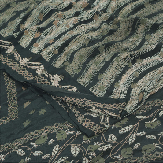 Sanskriti Vintage Sarier Mørkegrønne Ren Crepe Silke Print Sari 5yd Håndværksmæssigt Bæredygtigt Stoff