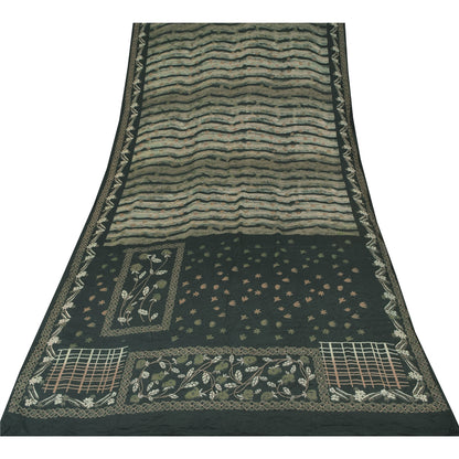 Sanskriti Vintage Sarier Mørkegrønne Ren Crepe Silke Print Sari 5yd Håndværksmæssigt Bæredygtigt Stoff