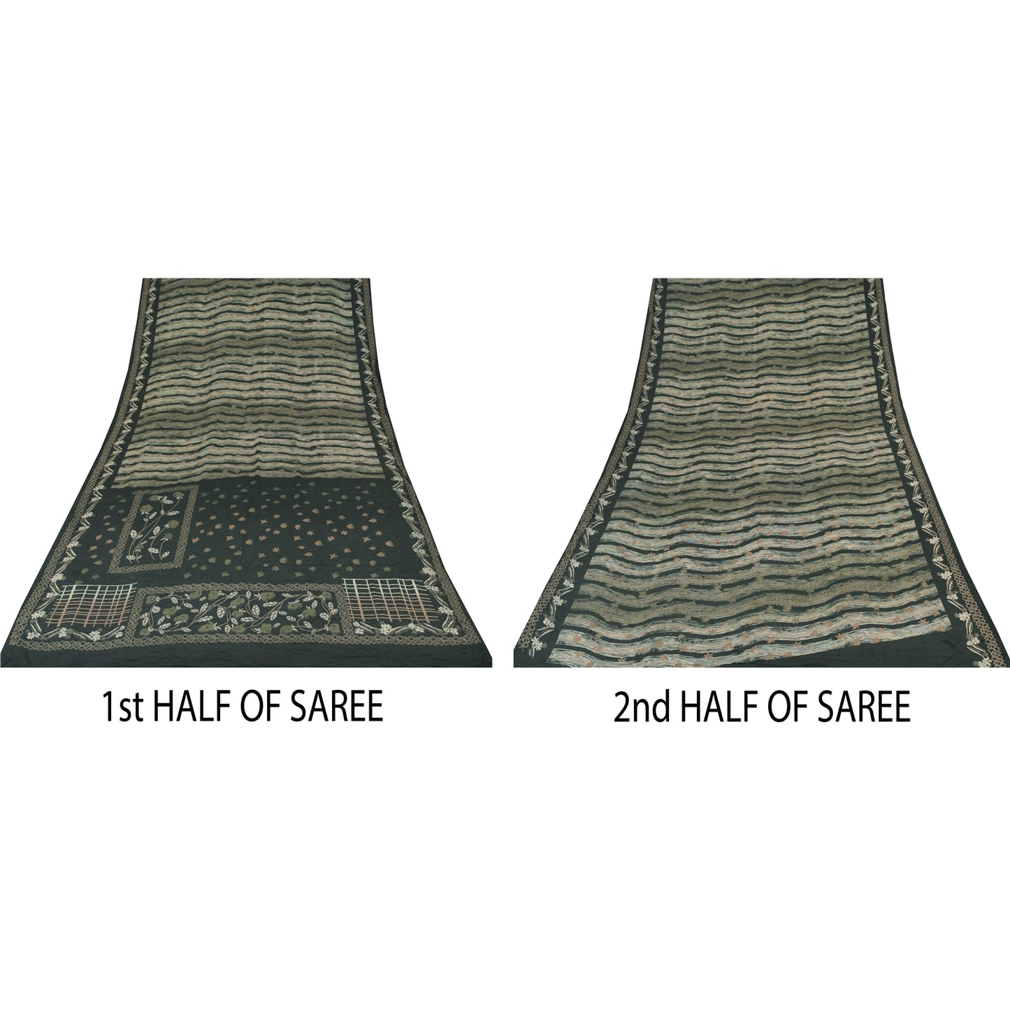 Sanskriti Vintage Sarier Mørkegrønne Ren Crepe Silke Print Sari 5yd Håndværksmæssigt Bæredygtigt Stoff