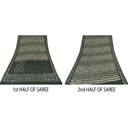 Sanskriti Vintage Sarier Mørkegrønne Ren Crepe Silke Print Sari 5yd Håndværksmæssigt Bæredygtigt Stoff
