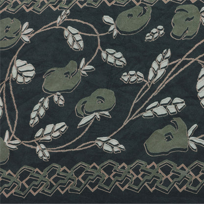 Sanskriti Vintage Sarier Mørkegrønne Ren Crepe Silke Print Sari 5yd Håndværksmæssigt Bæredygtigt Stoff