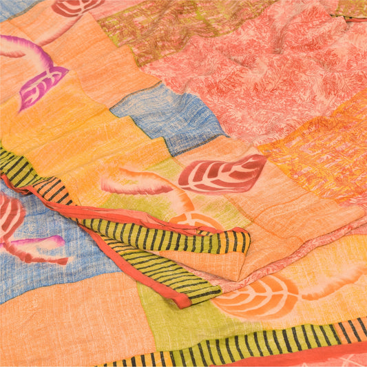 Sanskriti Vintage Sarees Multicolor Pure Crepe Silk Print Sari 5yd Craft Sustainable Fabric