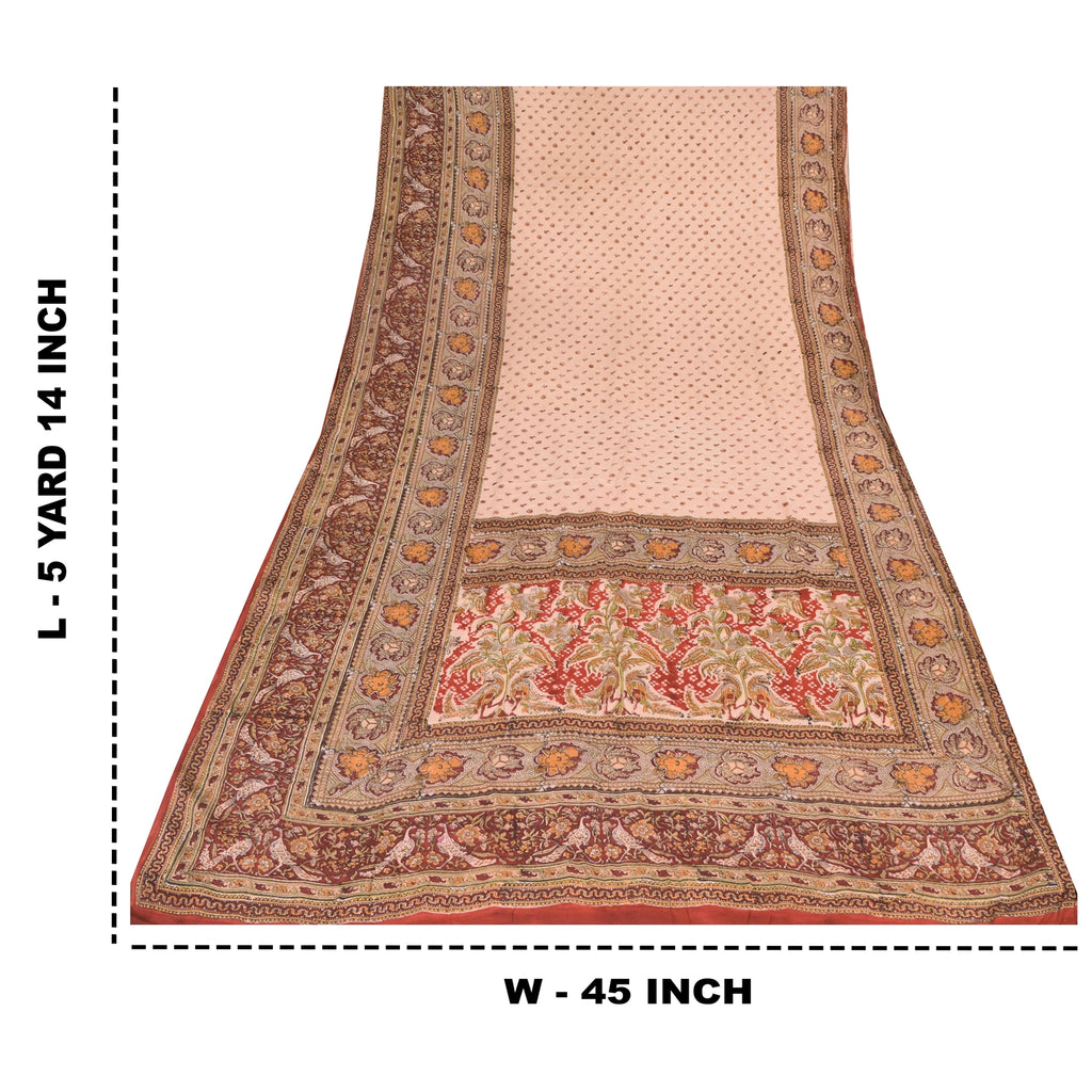 Sanskriti Vintage Sarees Peach Hand Block Printed Pure Crepe Silk Sari Sustainable Fabric