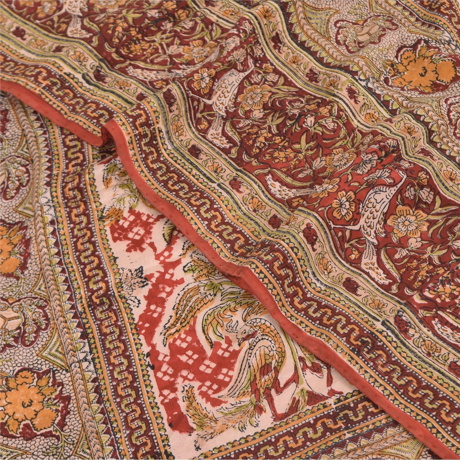 Sanskriti Vintage Sarees Peach Hand Block Printed Pure Crepe Silk Sari Sustainable Fabric