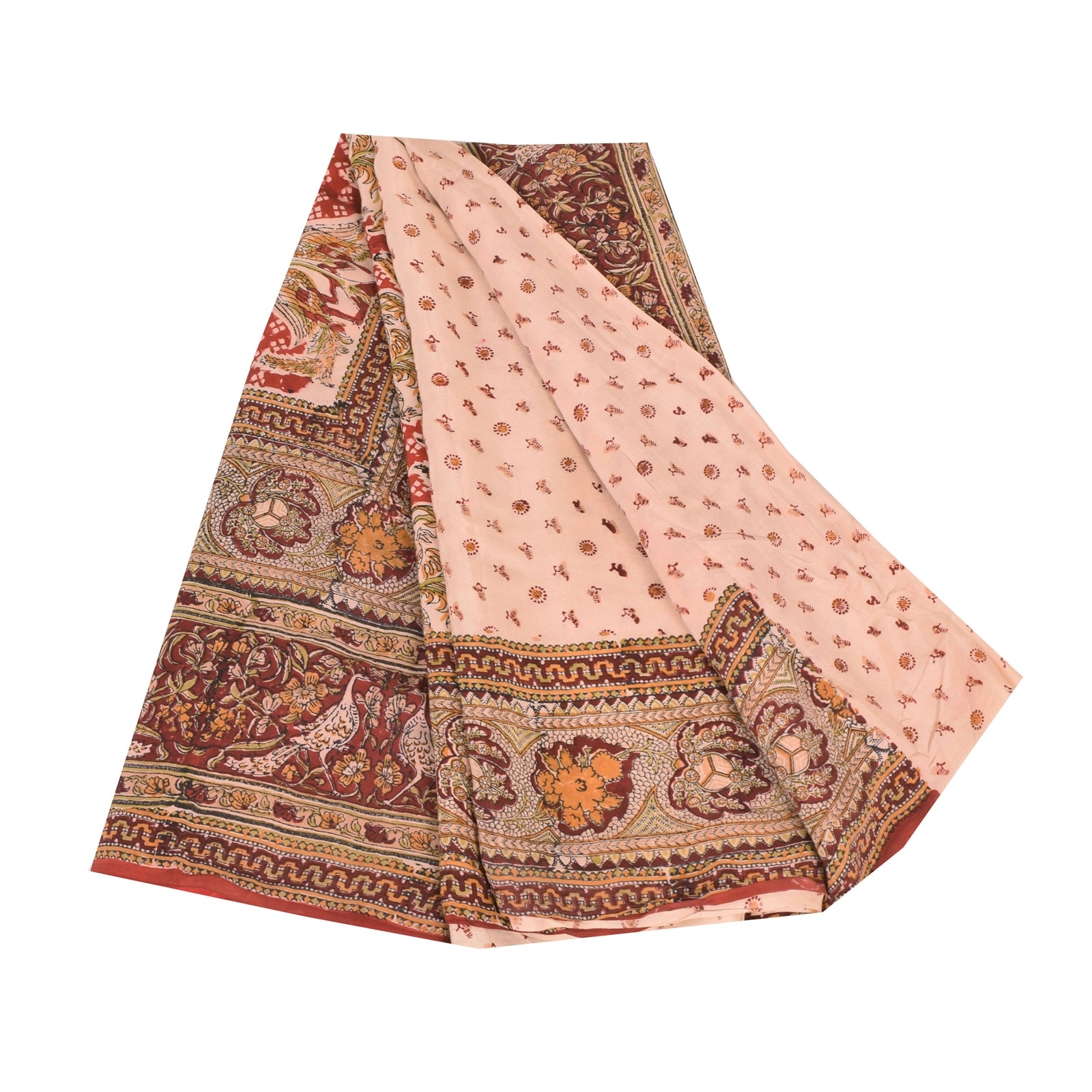 Sanskriti Vintage Sarees Peach Hand Block Printed Pure Crepe Silk Sari Sustainable Fabric