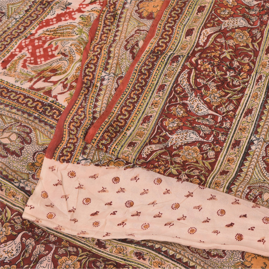 Sanskriti Vintage Sarees Peach Hand Block Printed Pure Crepe Silk Sari Sustainable Fabric