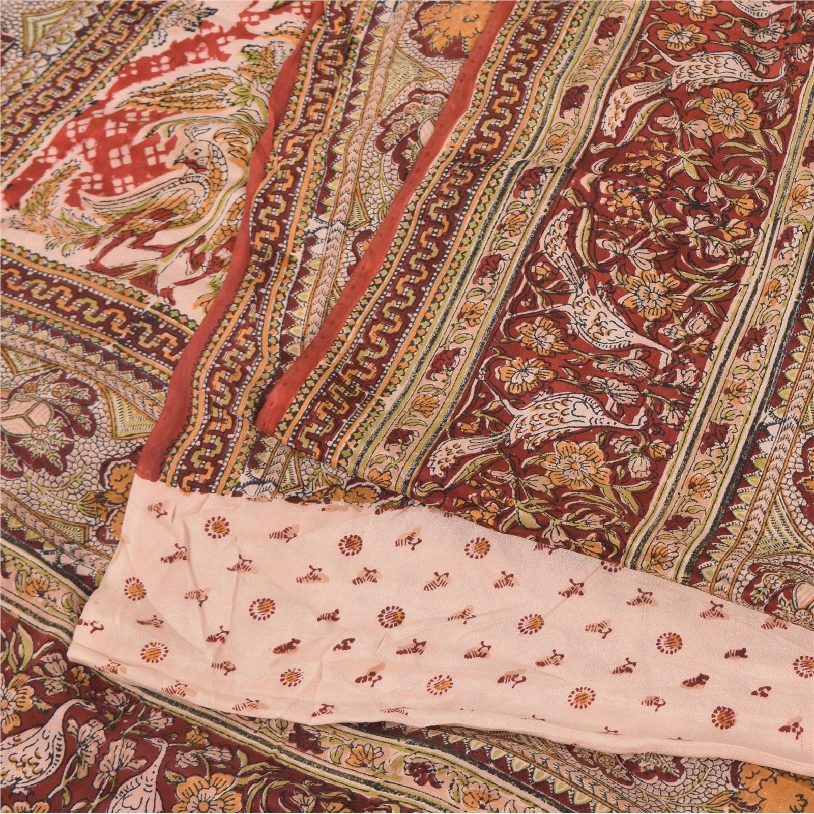 Sanskriti Vintage Sarees Peach Hand Block Printed Pure Crepe Silk Sari Sustainable Fabric