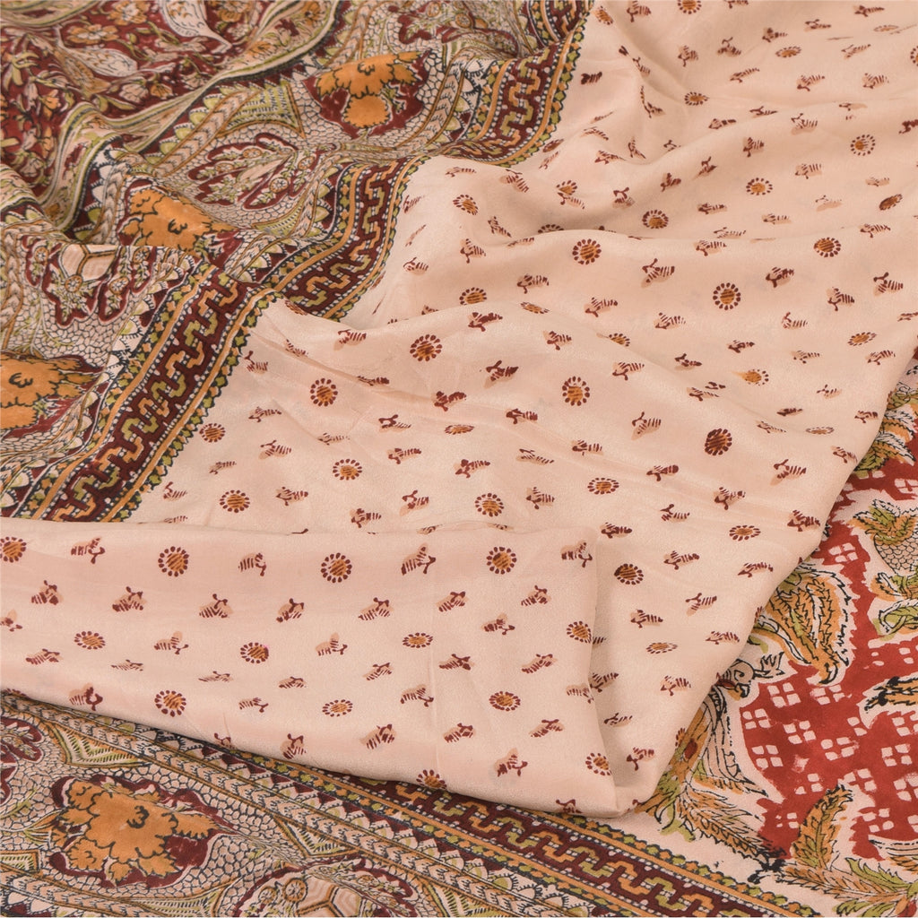 Sanskriti Vintage Sarees Peach Hand Block Printed Pure Crepe Silk Sari Sustainable Fabric