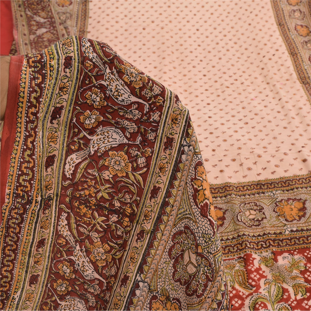 Sanskriti Vintage Sarees Peach Hand Block Printed Pure Crepe Silk Sari Sustainable Fabric